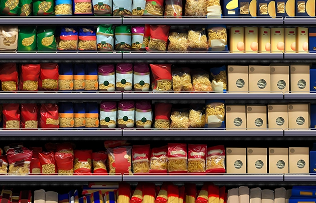 shelves stocked with pantry staples like packaged pasta and grains