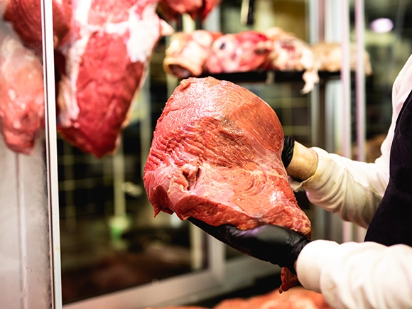a butcher holding a piece of beef that's been freshly cut and prepared to sell. Behind him are hung and staked pieces of other freshly cut pieces of meat.